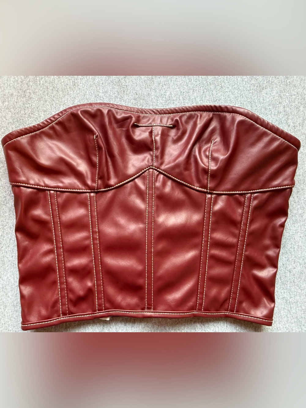 Strapless Faux Leather Bustier Crop Top - Wine